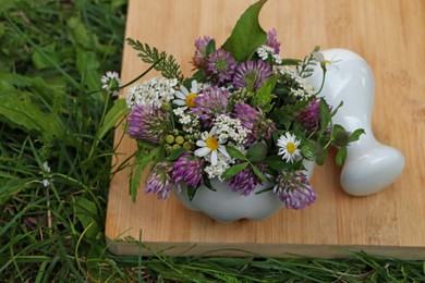 Photo of Ceramic mortar with pestle, different wildflowers and herbs on green grass, above view