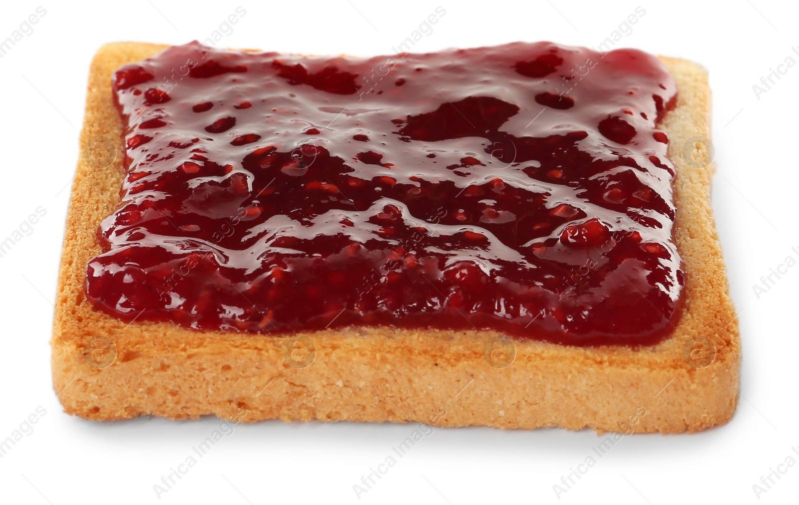 Photo of Toast with tasty raspberry jam on white background