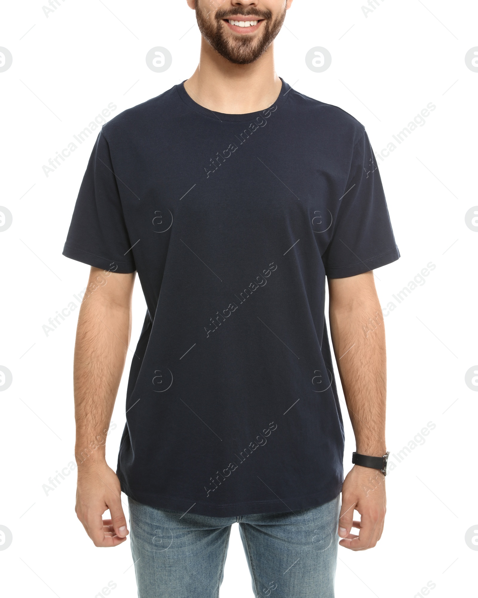 Photo of Young man in t-shirt on white background, closeup. Mock up for design