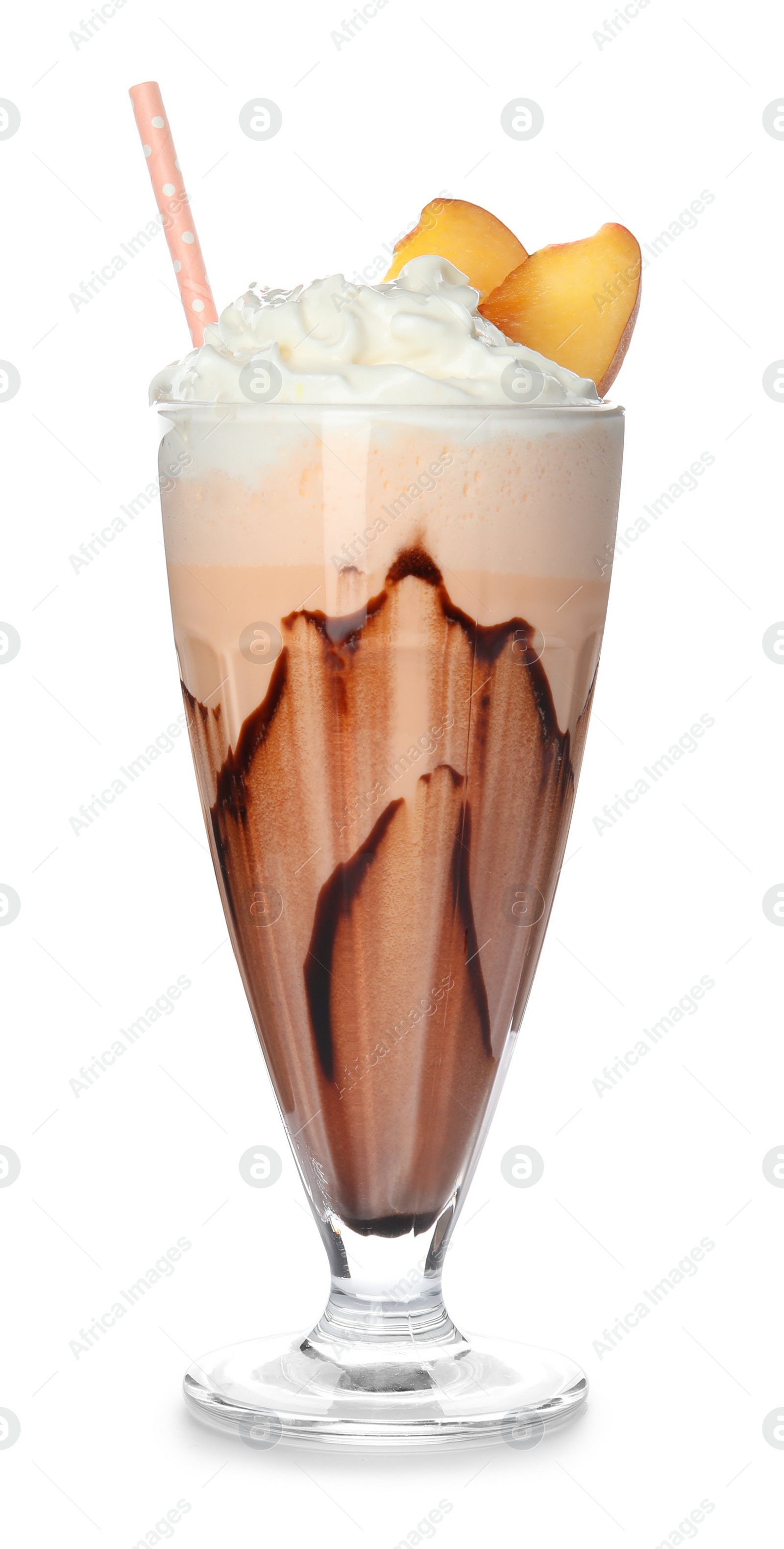 Photo of Glass of tasty milk shake on white background