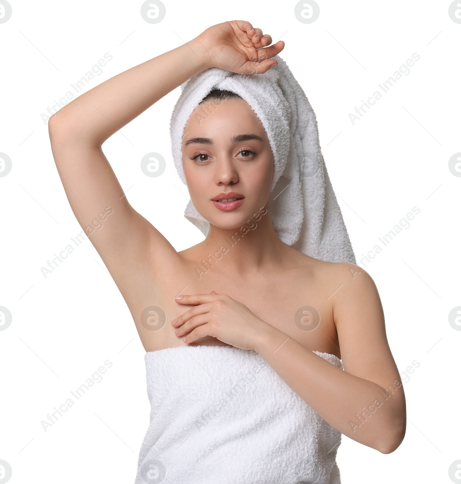 Photo of Beautiful woman showing armpit with smooth clean skin on white background