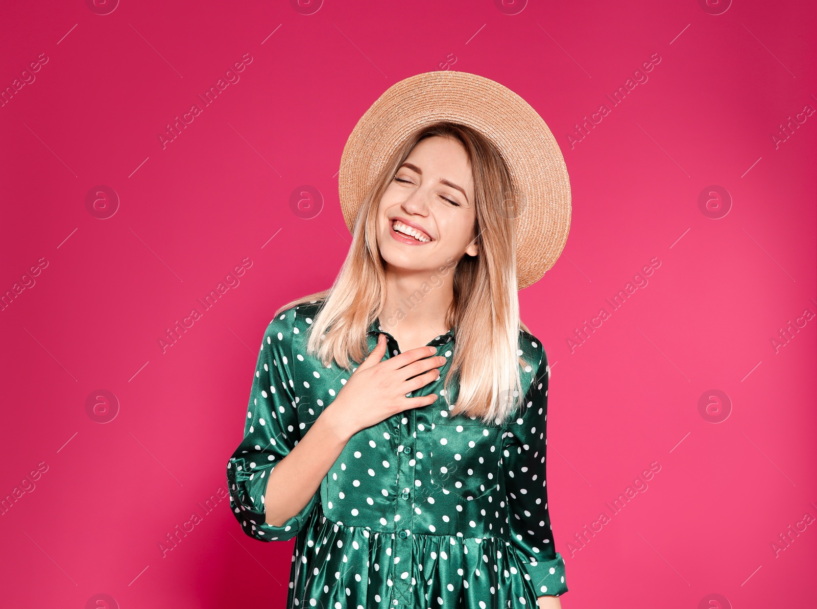 Photo of Portrait of pretty woman on color background