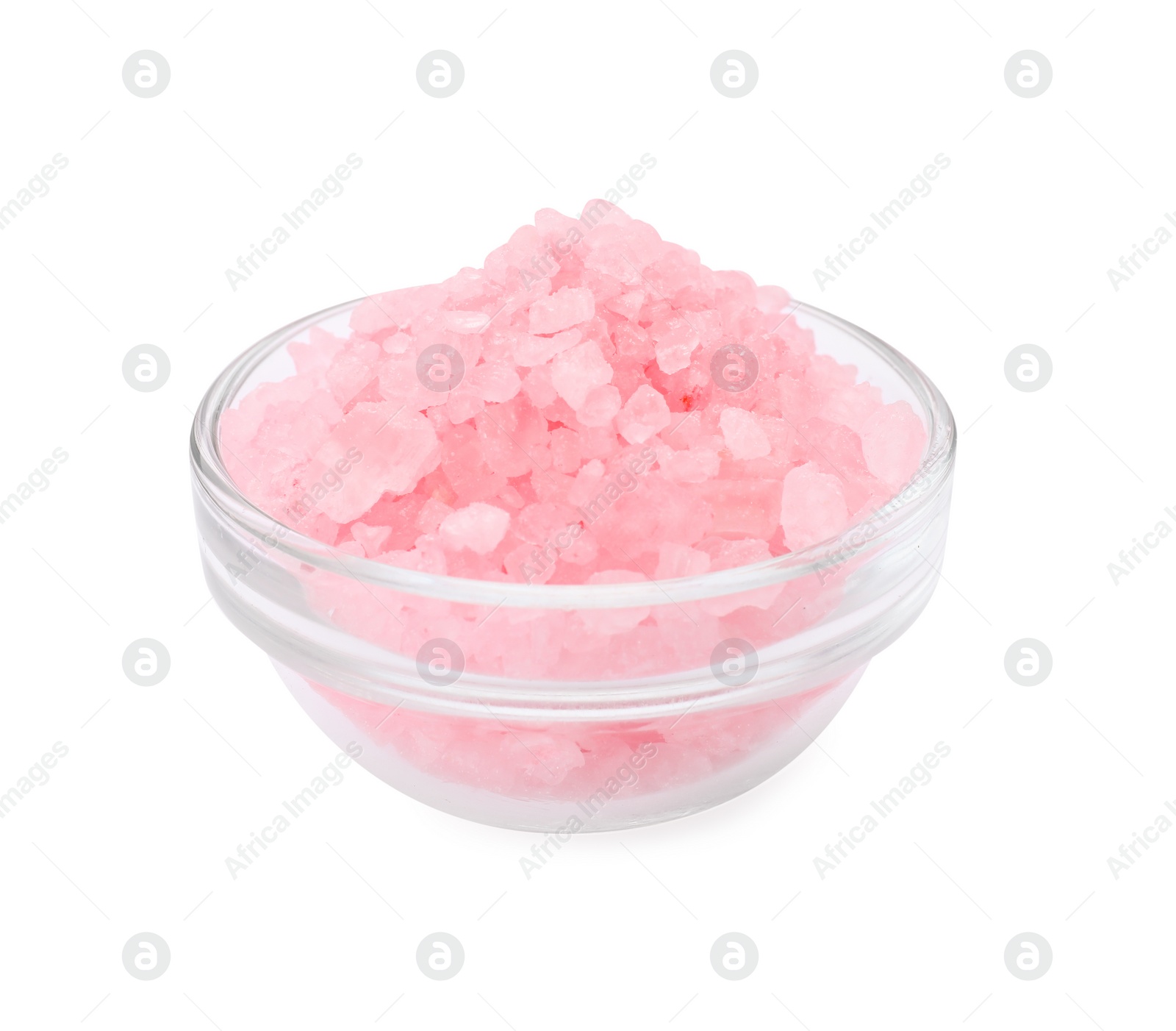 Photo of Glass bowl with pink sea salt isolated on white