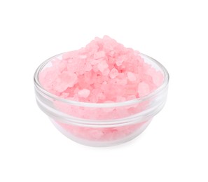 Photo of Glass bowl with pink sea salt isolated on white