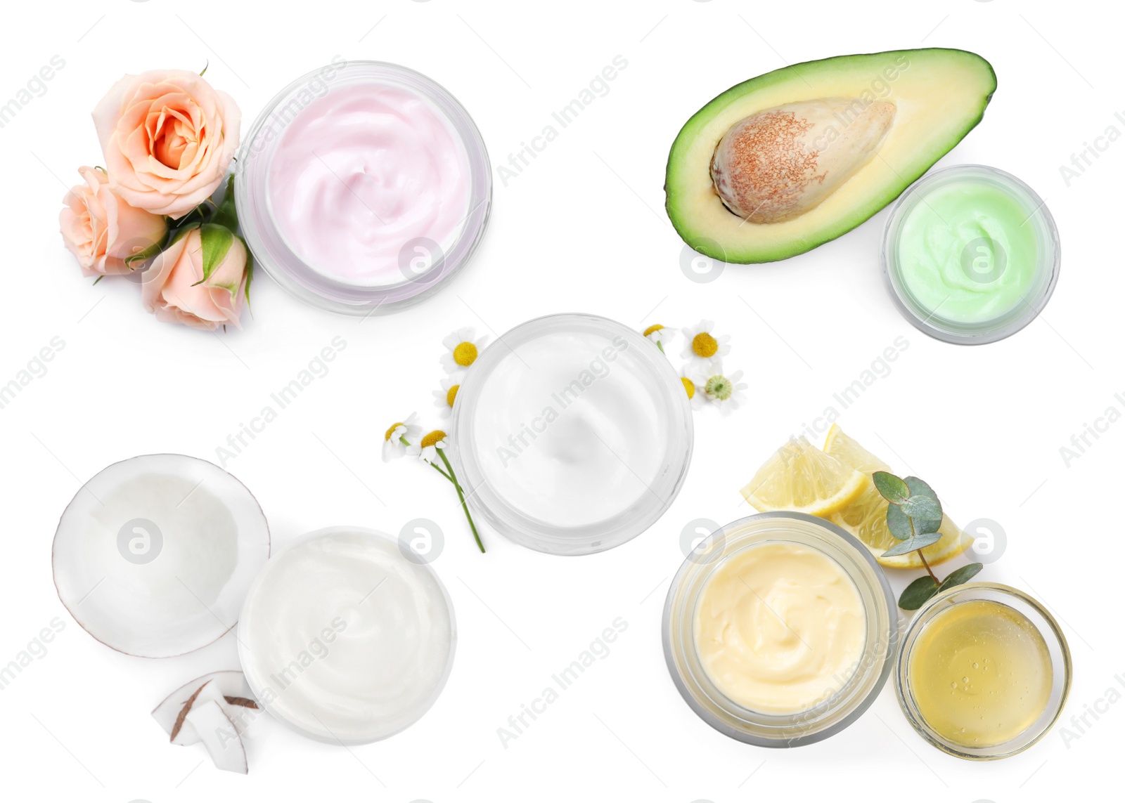 Image of Set with jars of body cream on white background, top view