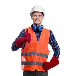 Young man wearing safety equipment and showing thumbs up on white background