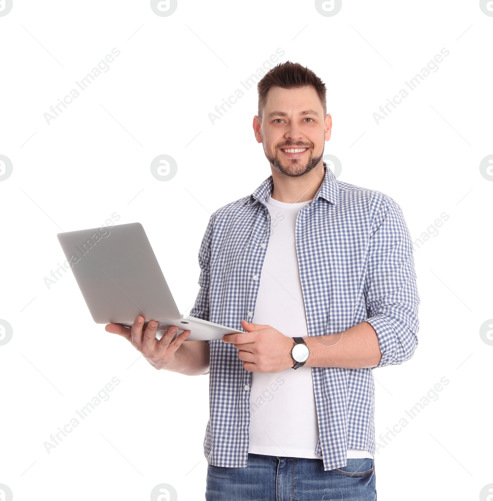 Photo of Happy man with laptop on white background