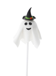 Photo of Delicious ghost cake pop isolated on white. Halloween holiday