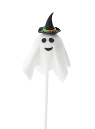 Delicious ghost cake pop isolated on white. Halloween holiday