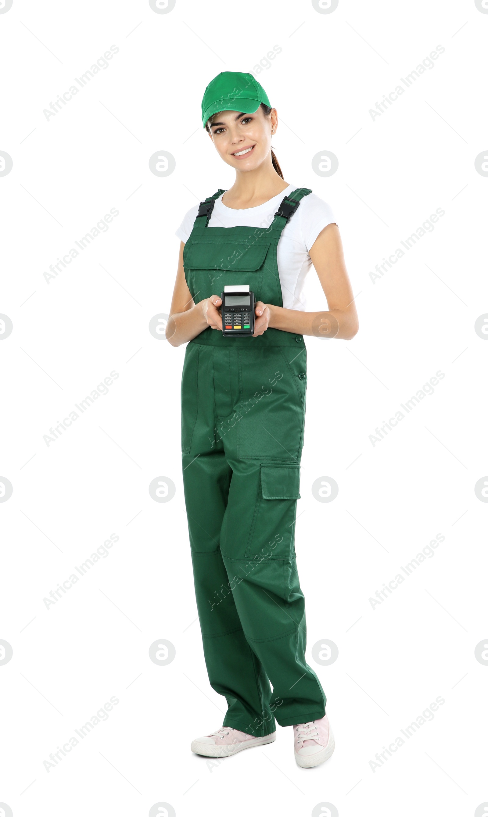 Photo of Female courier with terminal for contactless payment on white background