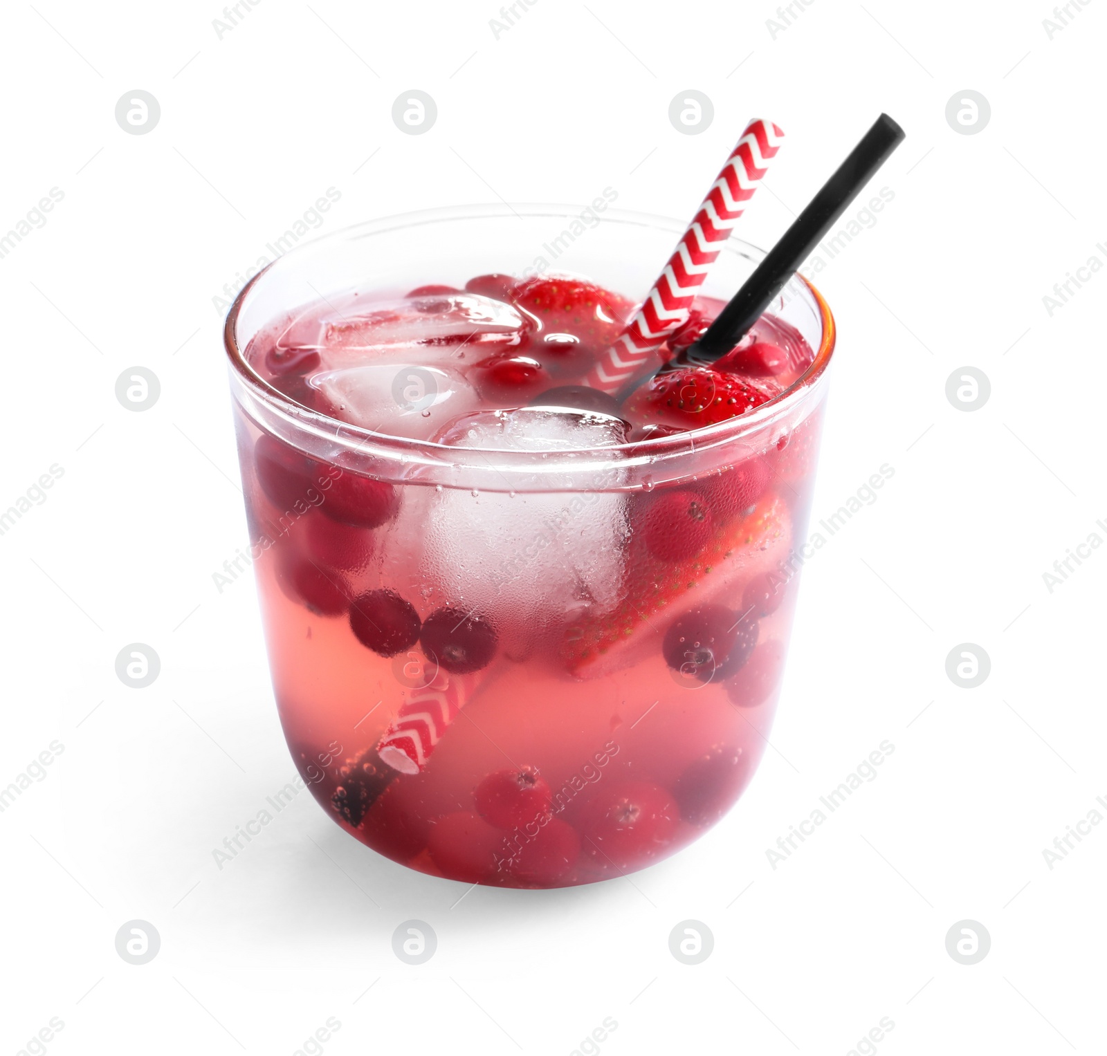 Photo of Glass of natural lemonade with berries on white background