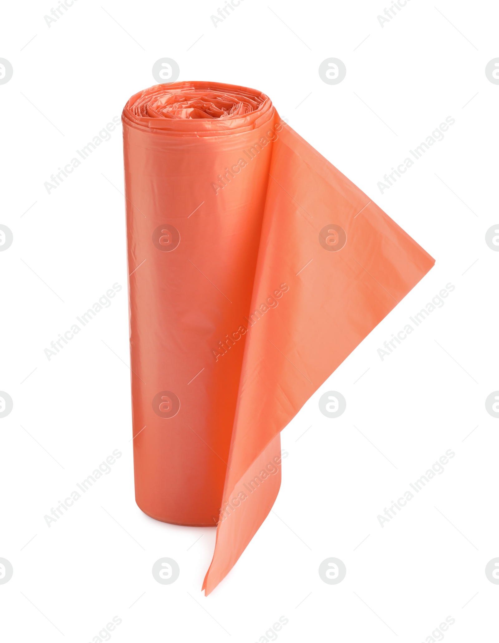 Photo of Roll of orange garbage bags isolated on white