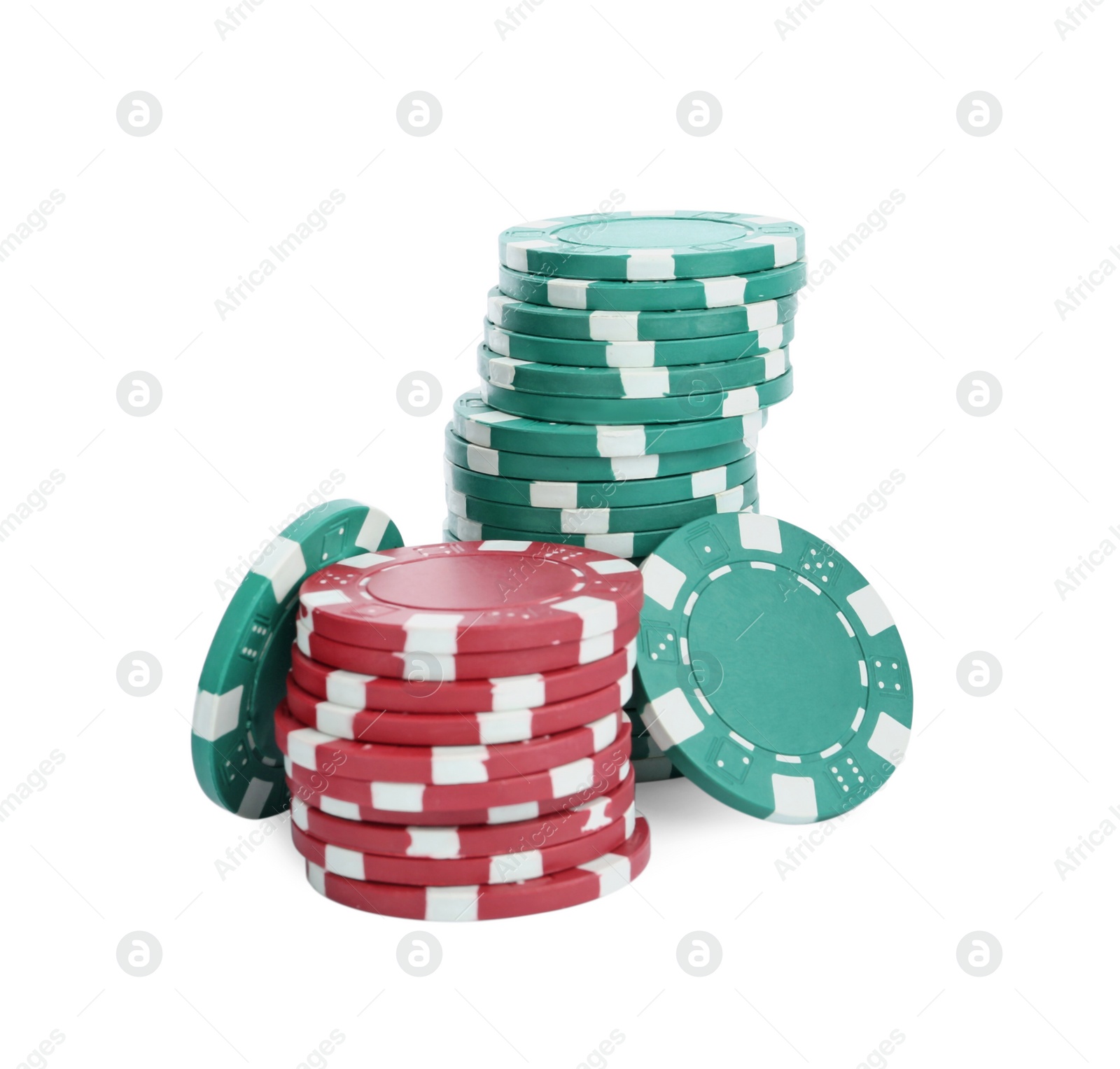 Photo of Plastic casino chips stacked on white background. Poker game