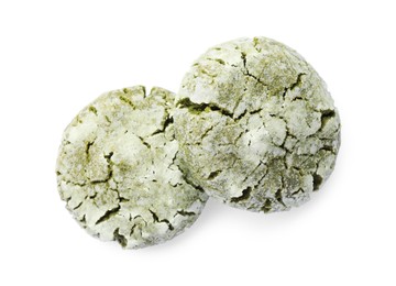 Photo of Two tasty matcha cookies on white background, top view