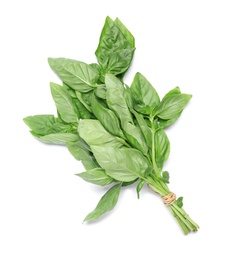 Fresh green basil on white background, top view. Aromatic herbs