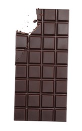 Photo of Bitten dark chocolate bar isolated on white, top view