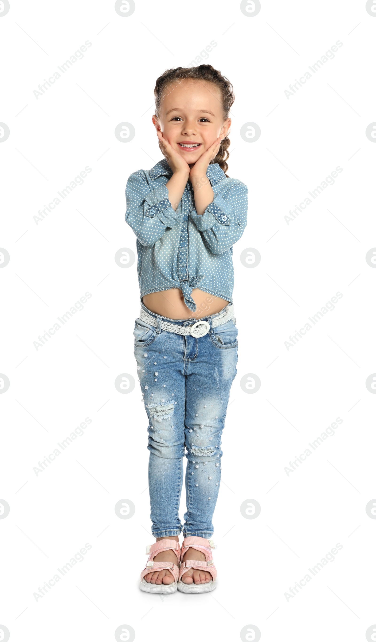 Photo of Full length portrait of cute little girl on white background