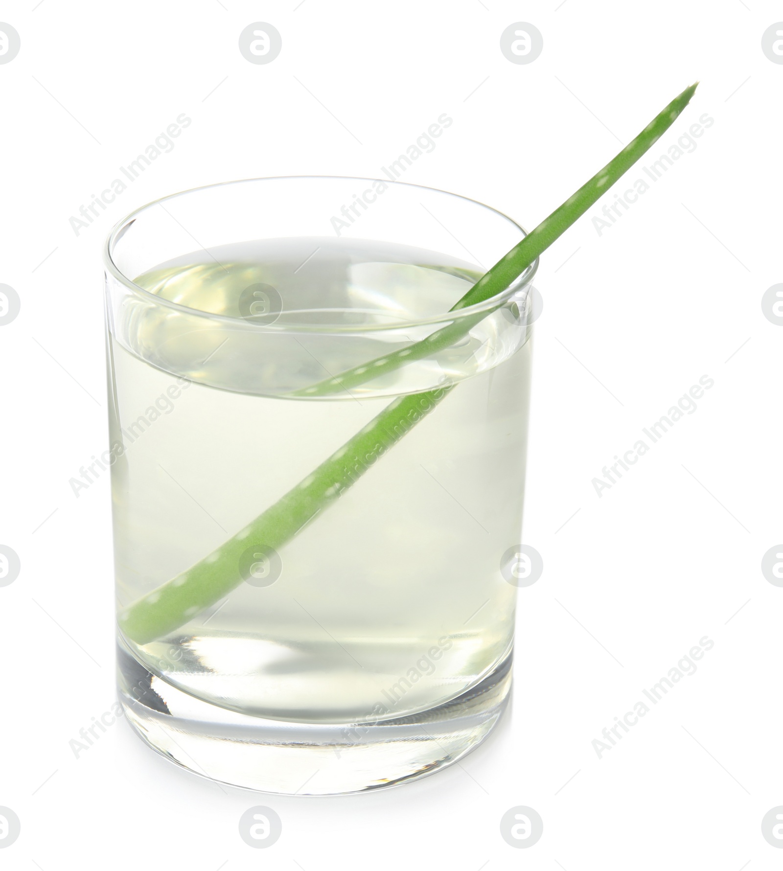 Photo of Fresh aloe drink with leaf in glass isolated on white