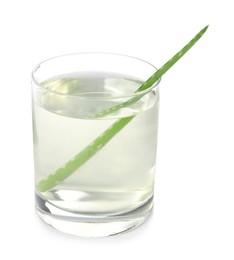 Photo of Fresh aloe drink with leaf in glass isolated on white