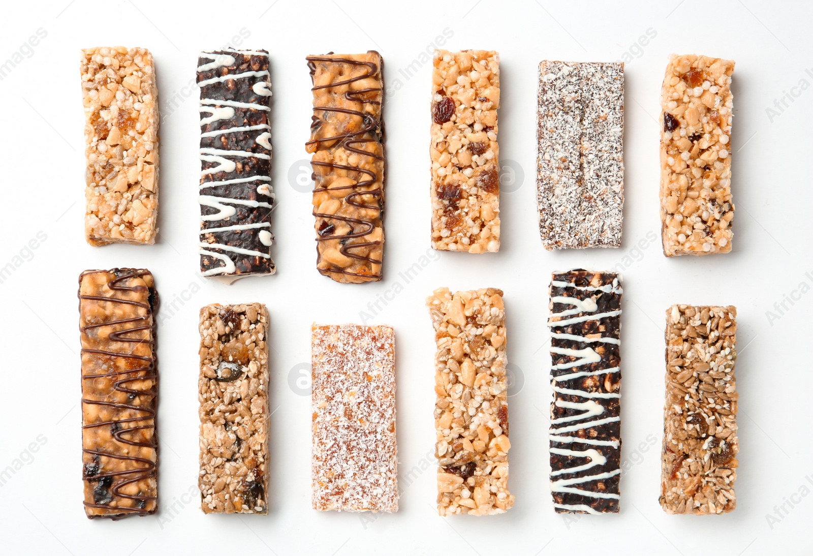 Photo of Different grain cereal bars on white background. Healthy snack