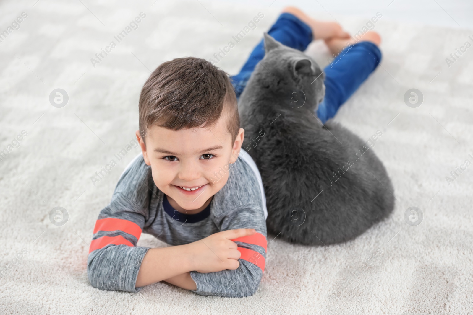 Photo of Cute little child with cat at home