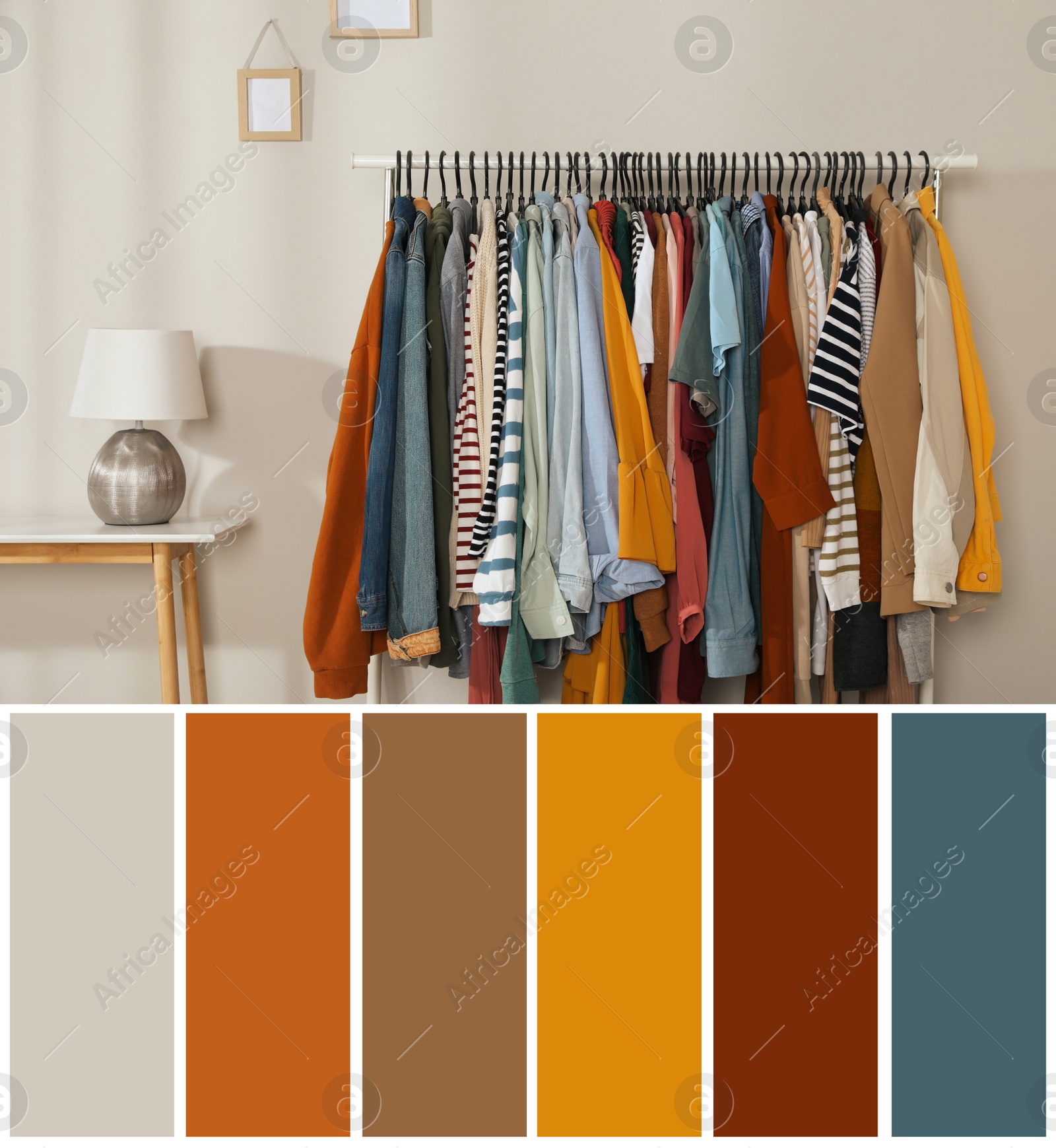 Image of Color palette appropriate to photo of stylish women's clothes on rack in room