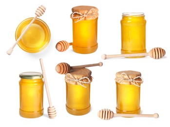 Image of Natural honey, glass jars and dippers isolated on white, set