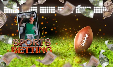 Image of Bookmaking, sports betting. Mobile phone with football player on screen, dollars falling on green field with leather rugby ball