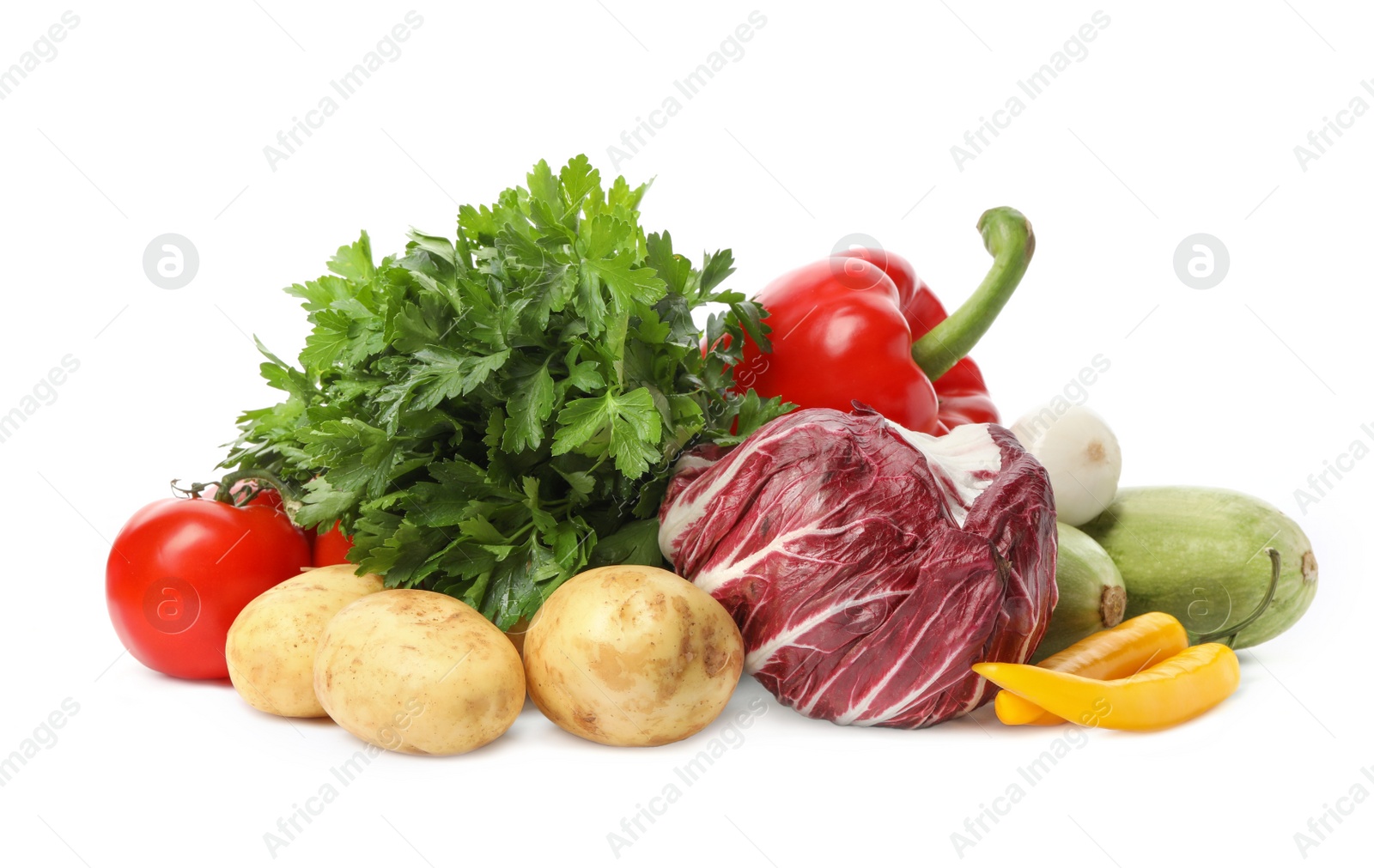 Photo of Different fresh ripe vegetables isolated on white