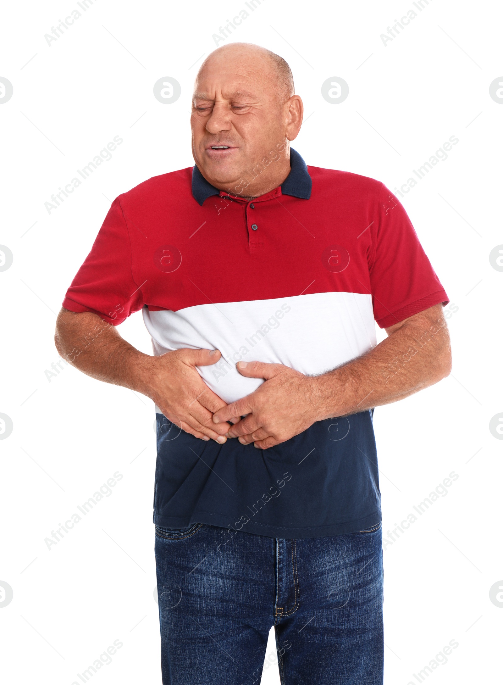 Photo of Mature man suffering from liver pain on white background