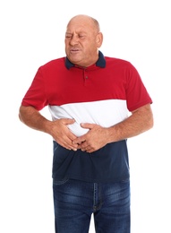 Photo of Mature man suffering from liver pain on white background