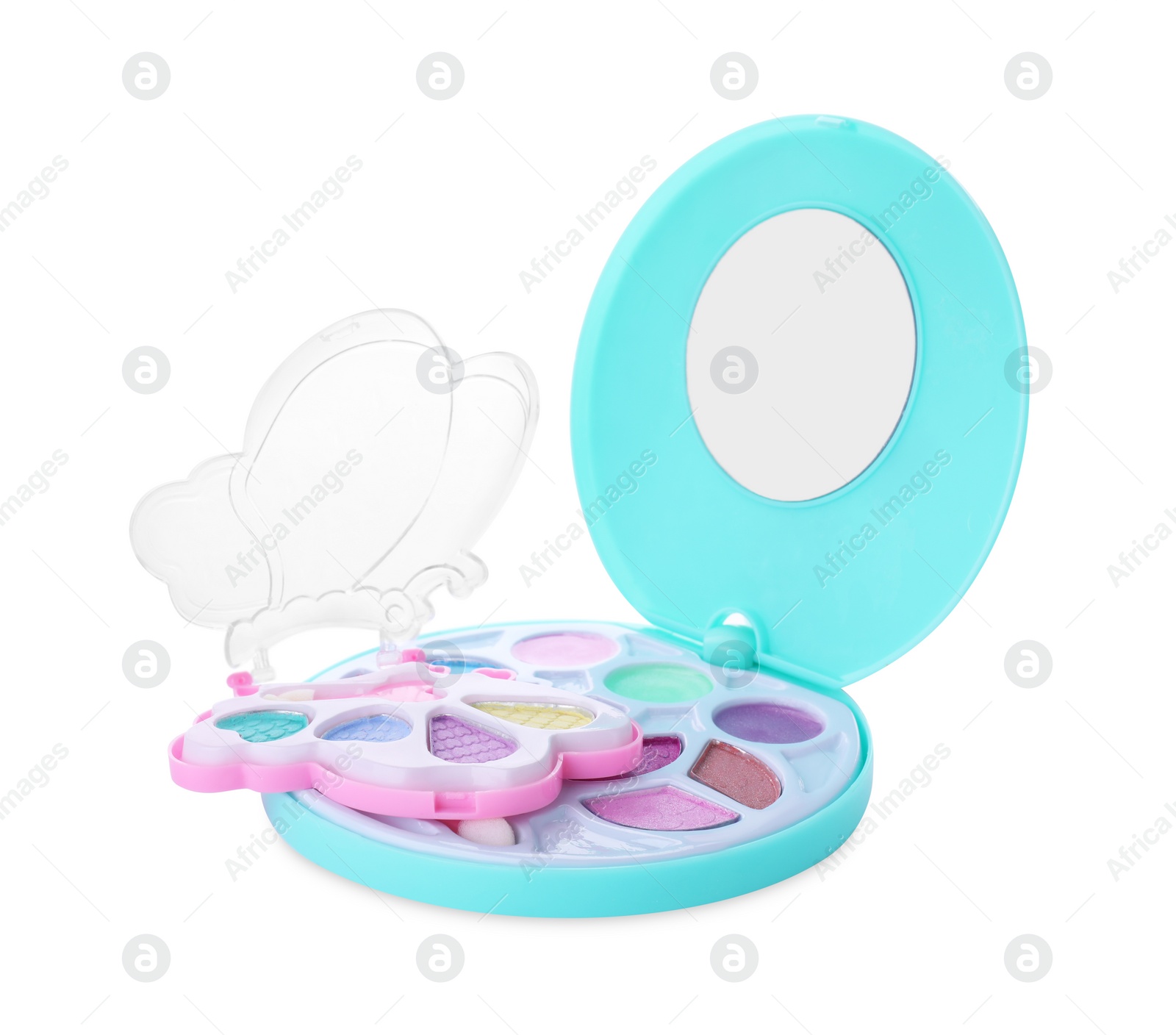 Photo of Children's kits of decorative cosmetics on white background