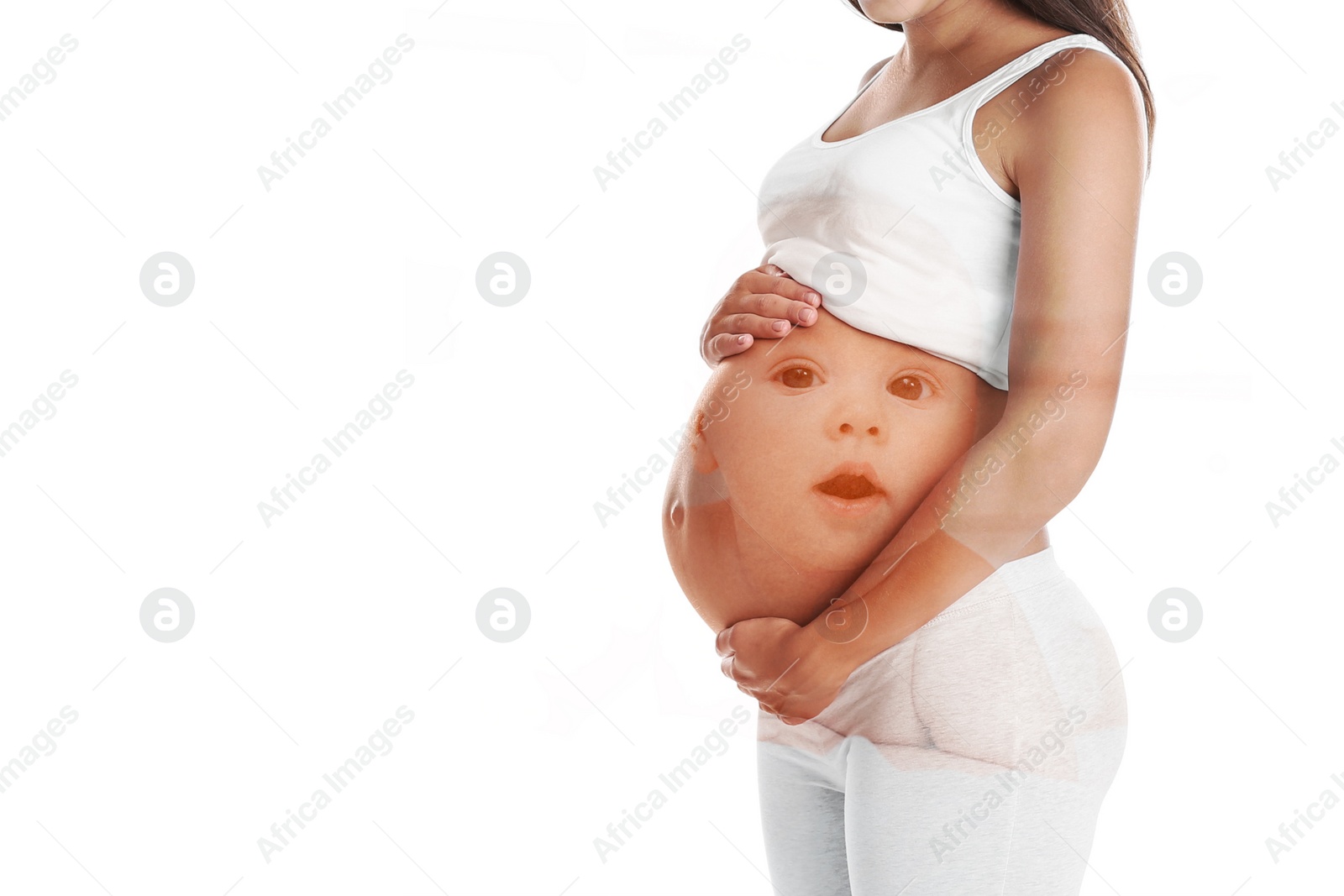 Image of Double exposure of pregnant woman and cute baby on white background