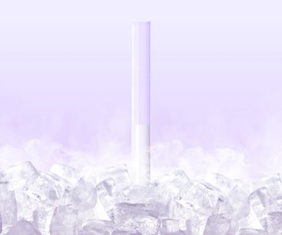 Cryopreservation. Test tube with sperm and ice cubes on light background. Frost effect
