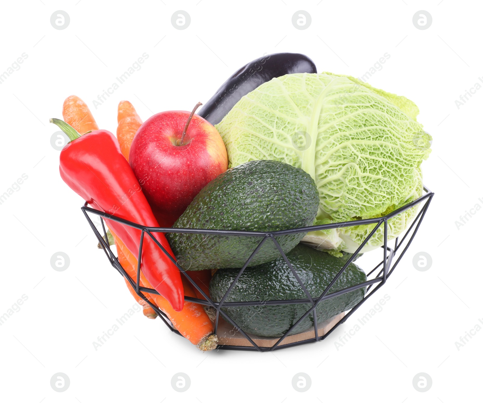 Photo of Fresh ripe vegetables and fruit in bowl on white background