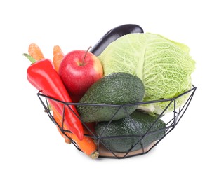 Photo of Fresh ripe vegetables and fruit in bowl on white background