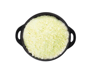 Photo of Grey pan with mung bean flour isolated on white, top view