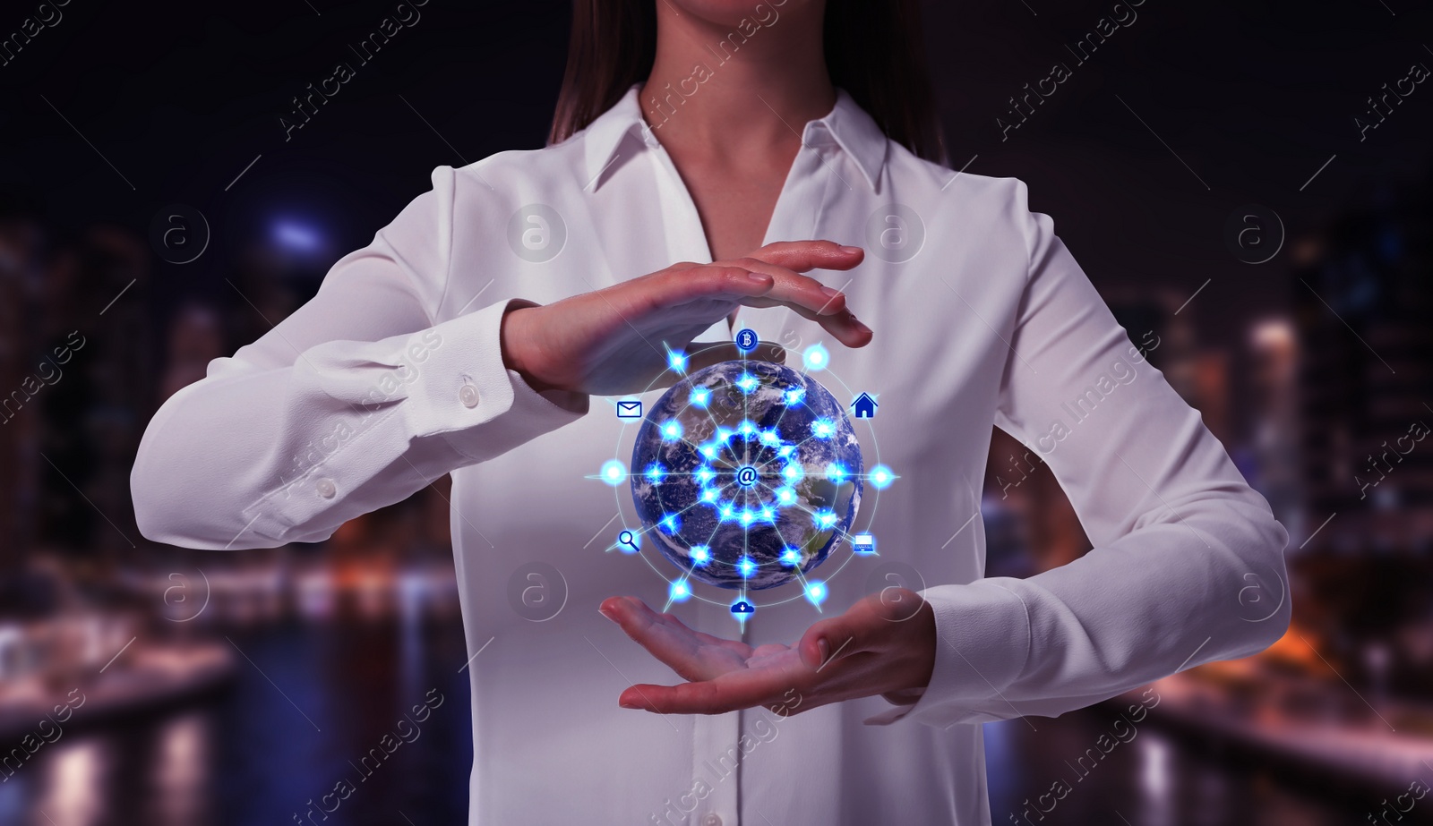 Image of Global network. Woman holding virtual model of Earth with internet connection lines