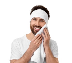 Photo of Washing face. Man with headband and towel on white background