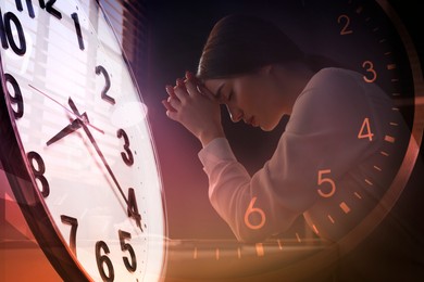 Image of Deadline management. Multiple exposure of tired woman working in office at night and clocks