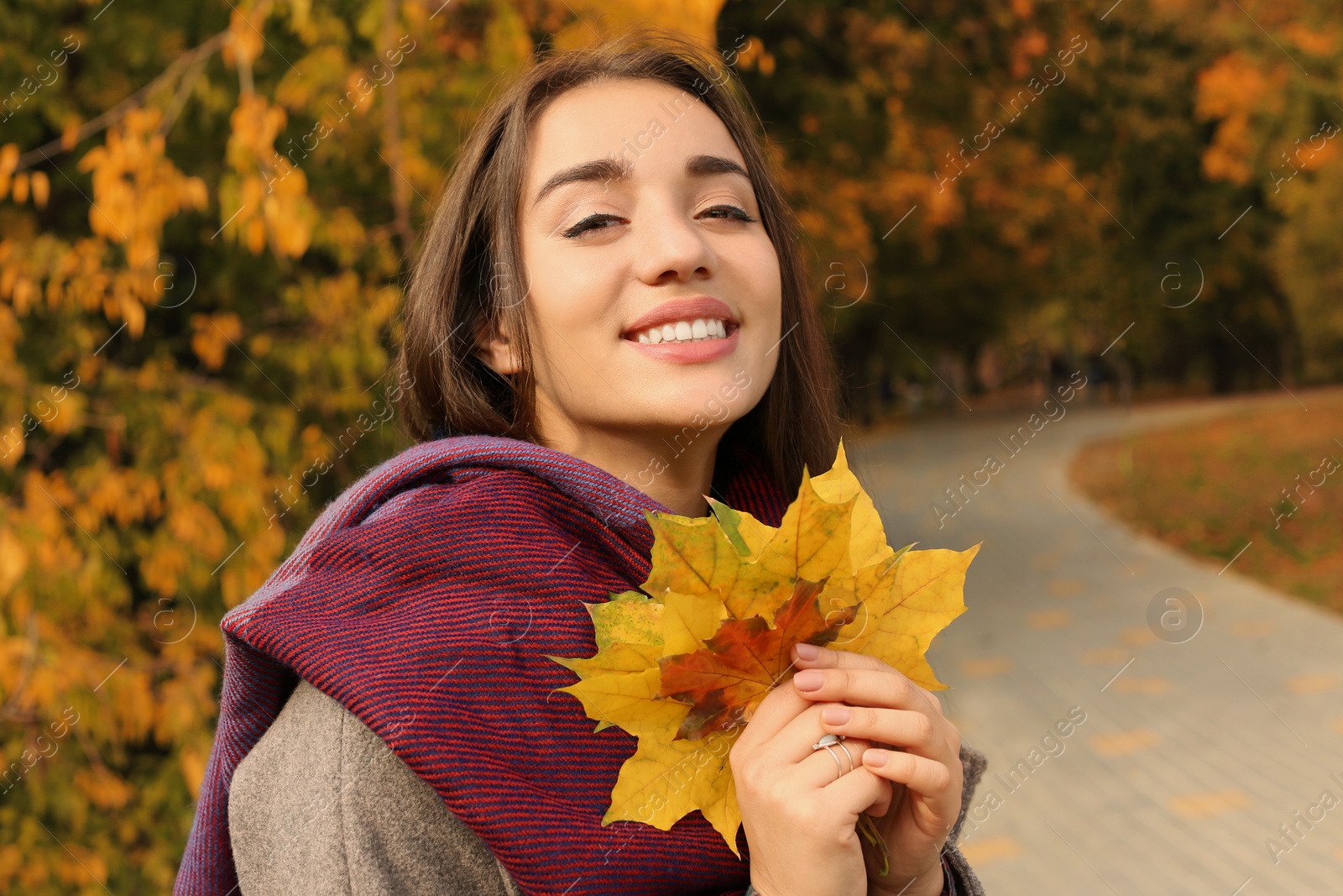 Photo of Young beautiful woman with leaves in park. Autumn walk