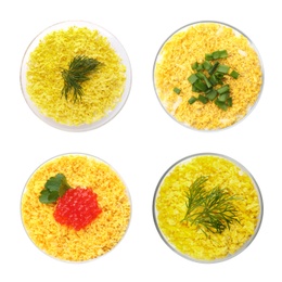 Image of Set of traditional russian salad Mimosa on white background, top view