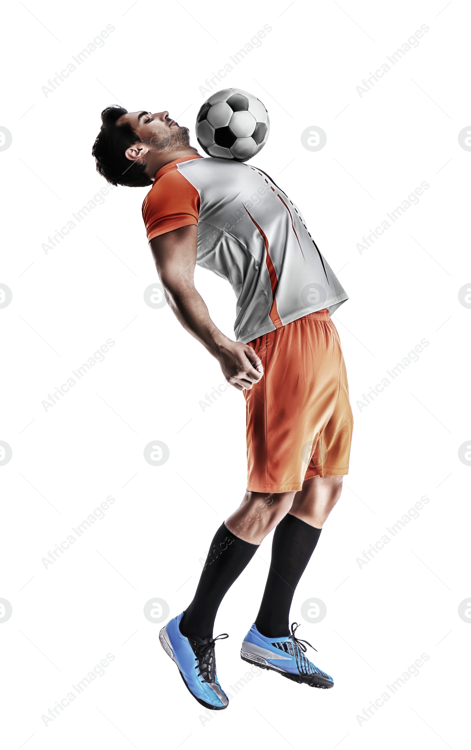 Image of Young man playing football on white background