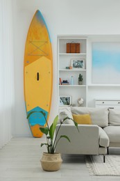 Photo of SUP board, shelving unit with different decor elements and sofa in room. Interior design