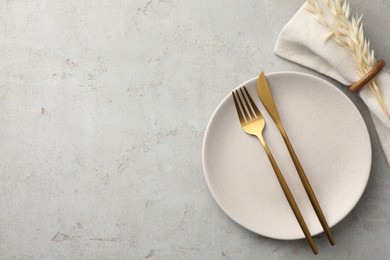 Photo of Stylish setting with cutlery, napkin, dry branch and plate on light table, top view. Space for text