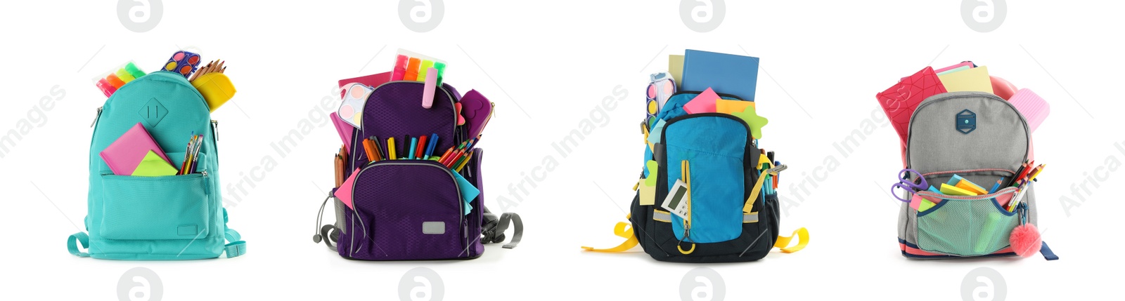 Image of Set of backpacks with bright school stationery on white background, banner design