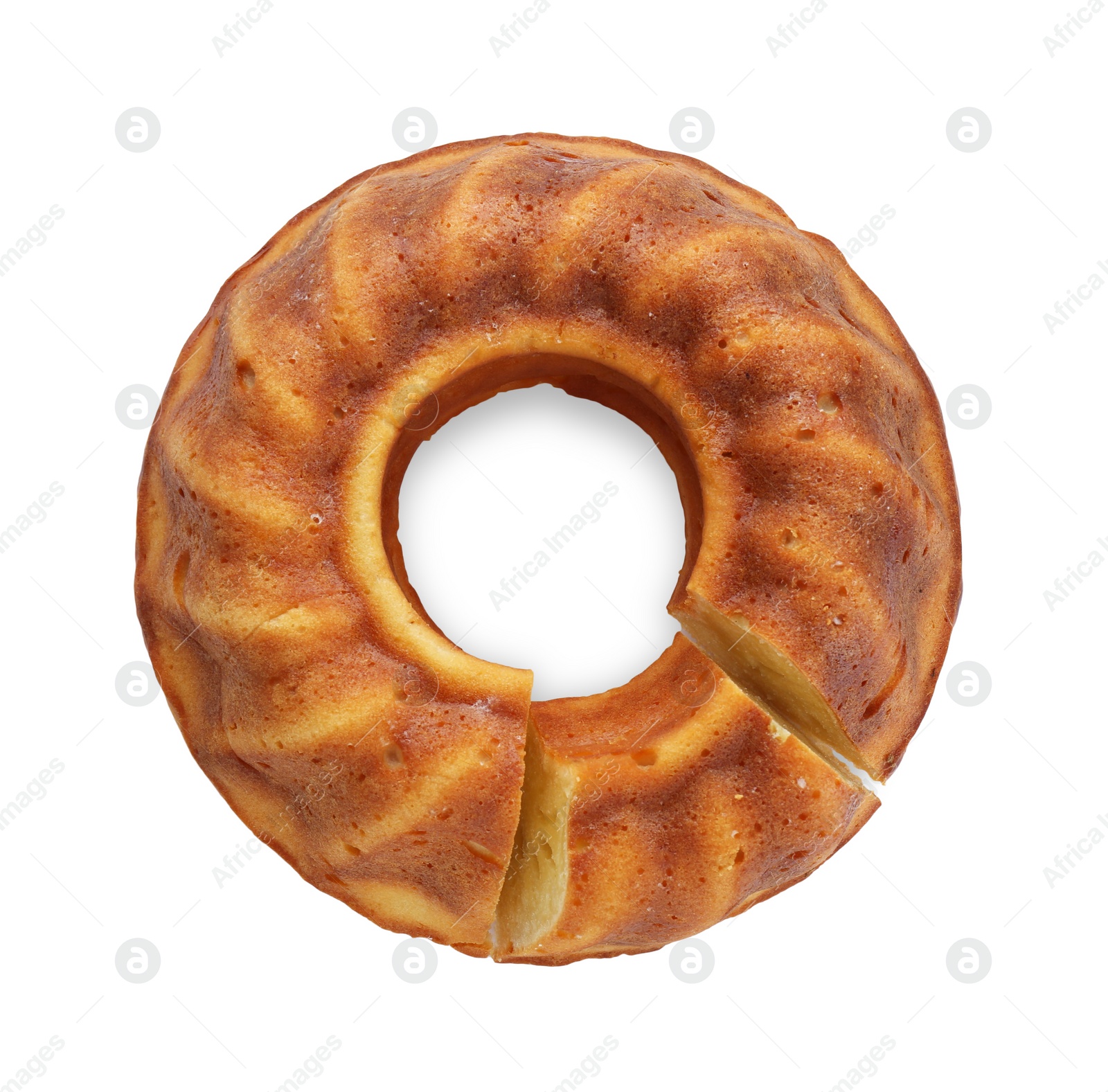 Photo of Delicious homemade yogurt cake on white background, top view