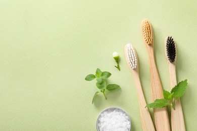 Flat lay composition with toothbrushes and herbs on light olive background. Space for text
