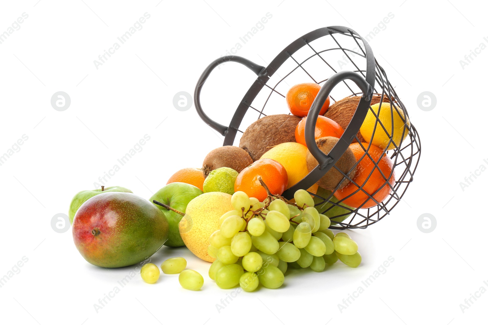 Photo of Metal basket with fresh tropical fruits on white background