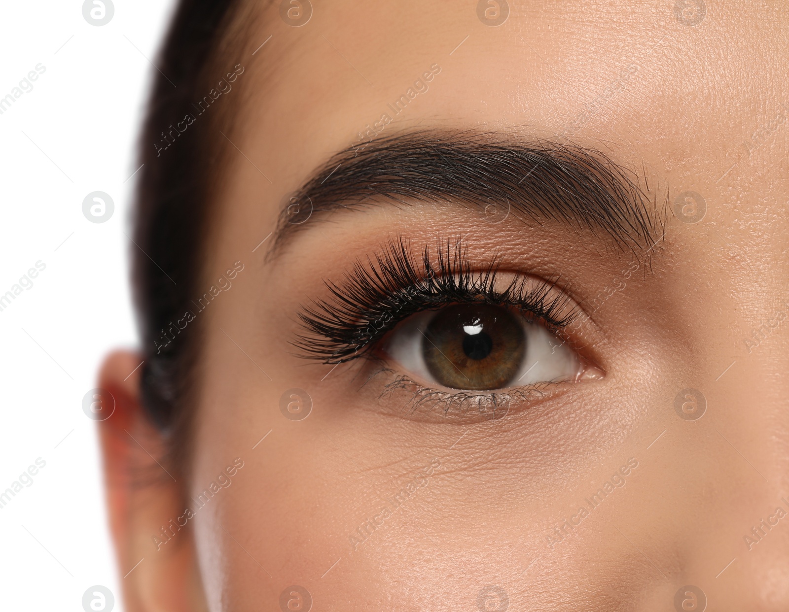Photo of Beautiful young woman with long eyelashes on white background, closeup